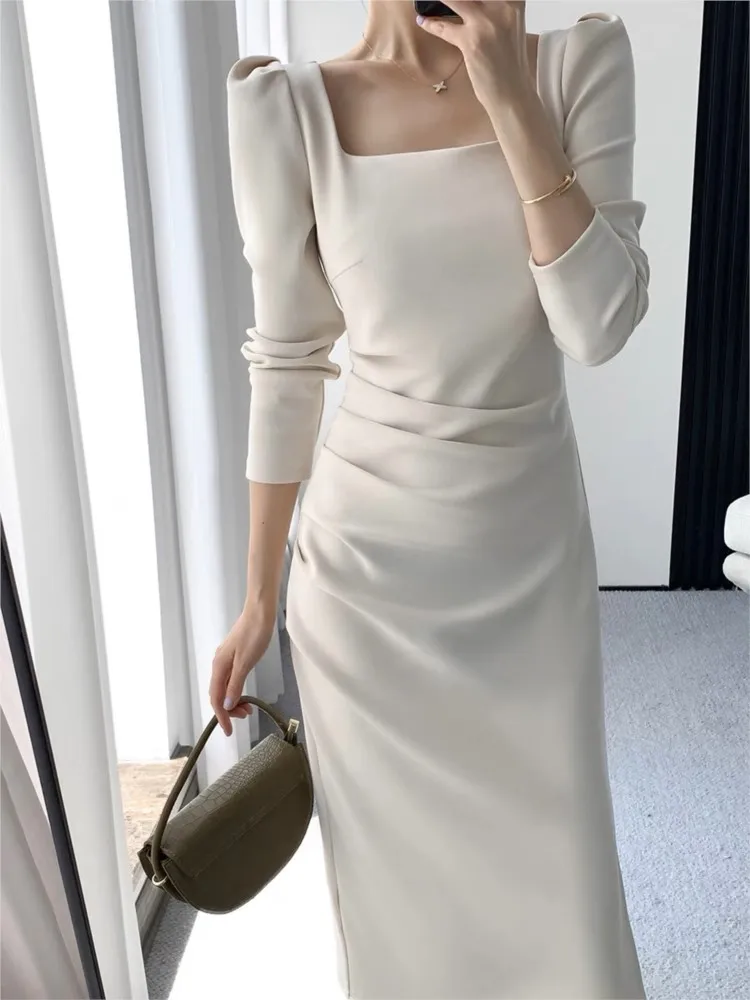 Elegant Long Sleeve Midi Dresses for Women Square Collar Slim Waist Bodycon Split Dress Autumn New Solid Office Lady Vestidos