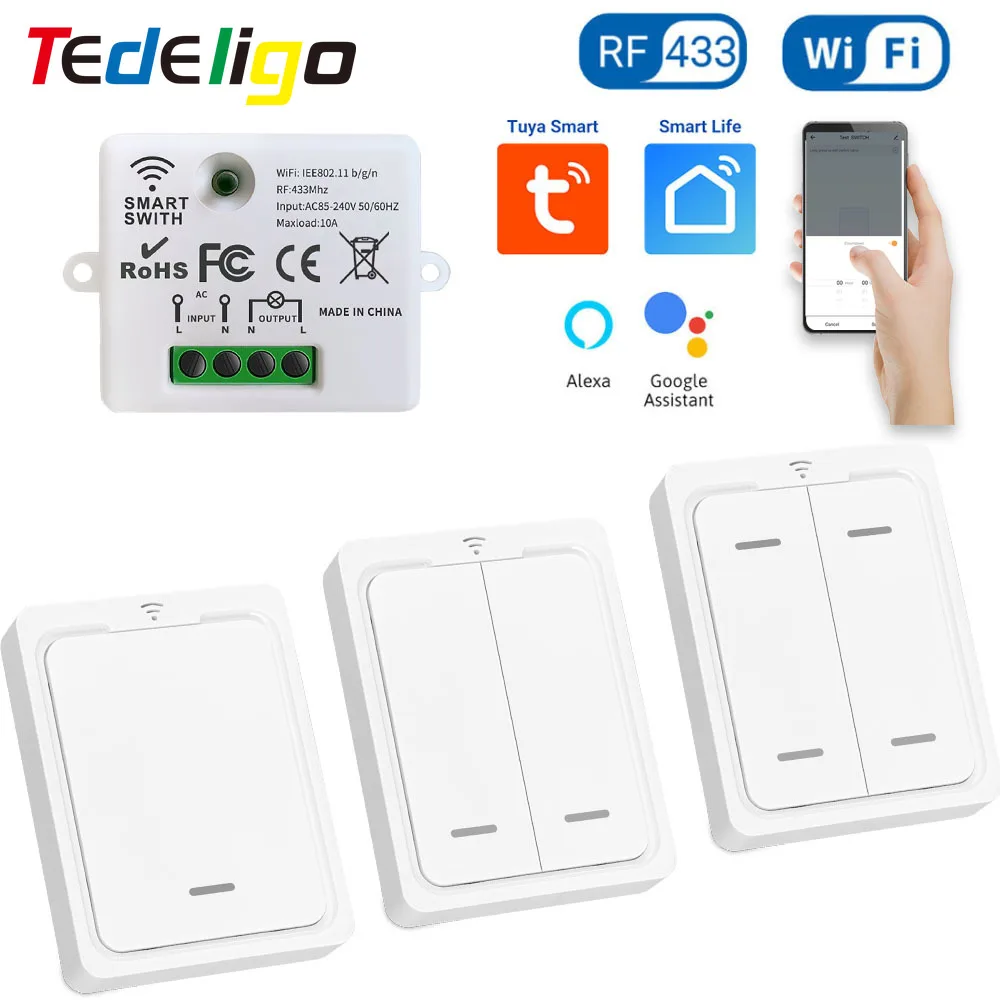 

Tedeligo Tuya Smart Home Light Switch RF 433MHz Remote Control Wall Switch, AC 110V 220V Timing Module work with Alexa Google