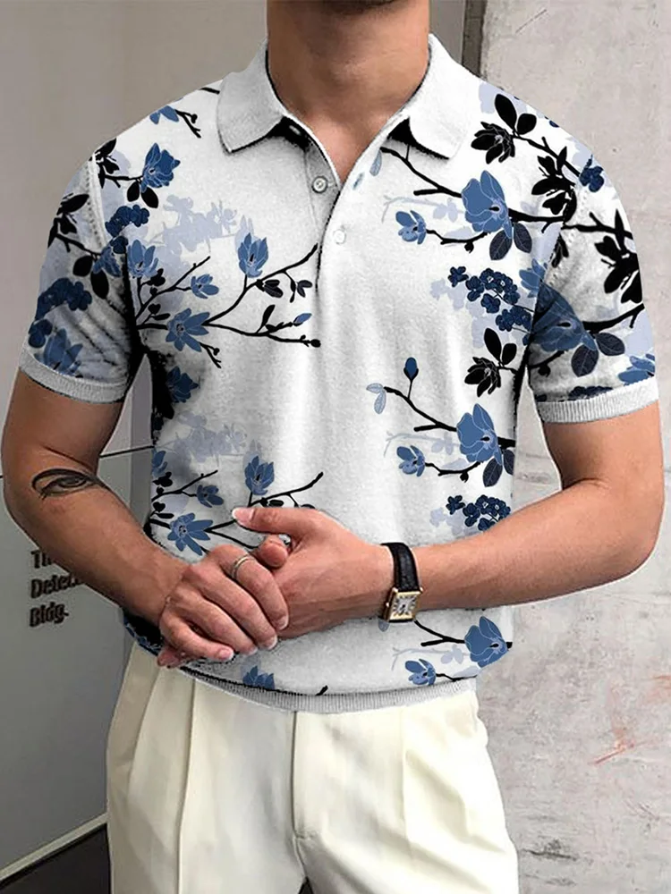 Vintage Houndstooth Print Polo Shirt Men Summer Short Sleeve Casual Pullover Tops Mens Fashion Turn-down Collar Button-up Polos