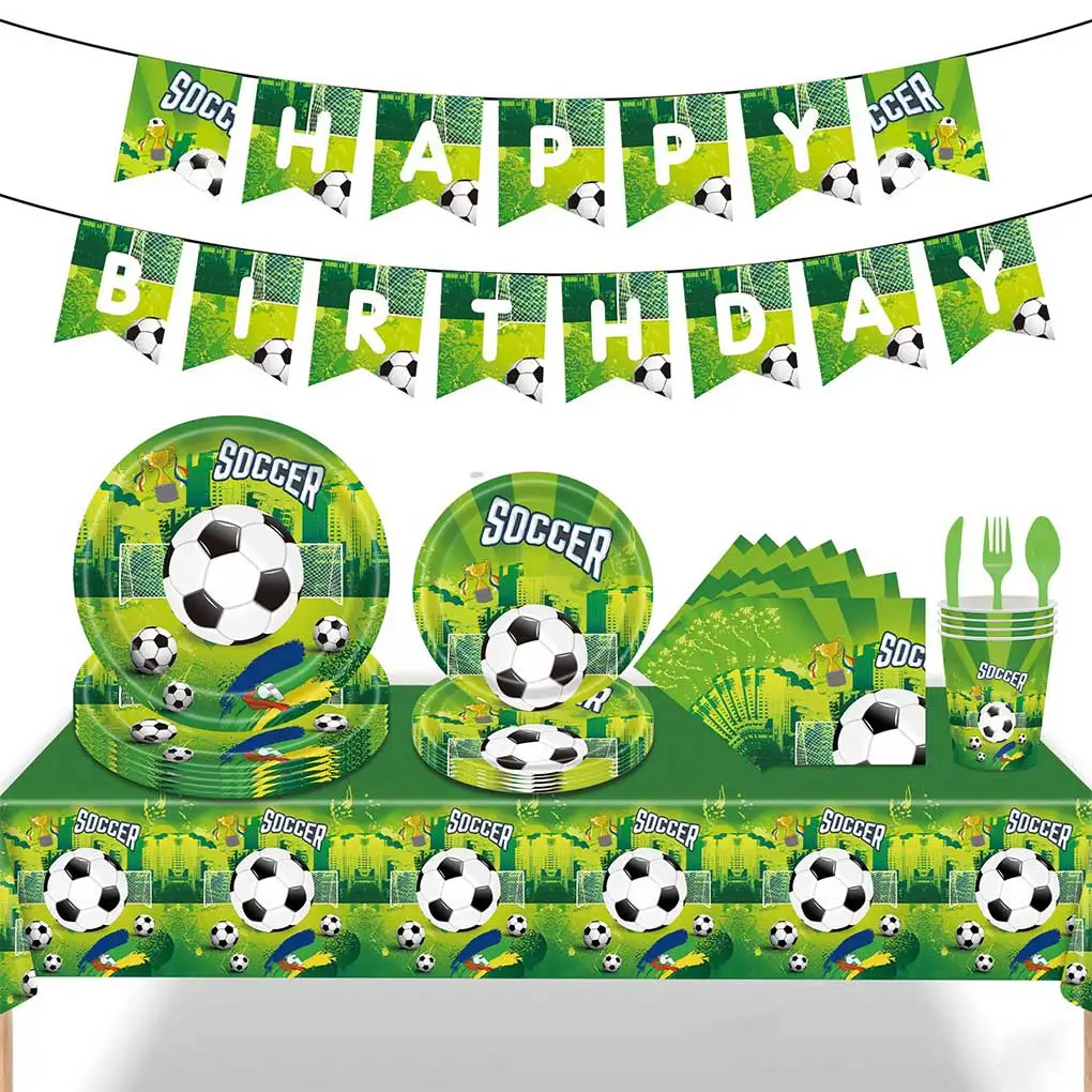 82 Pieces Soccer Party Tableware Single-use Football Themed Plates Cups Napkins Table Cloth Banners Forks Serveware