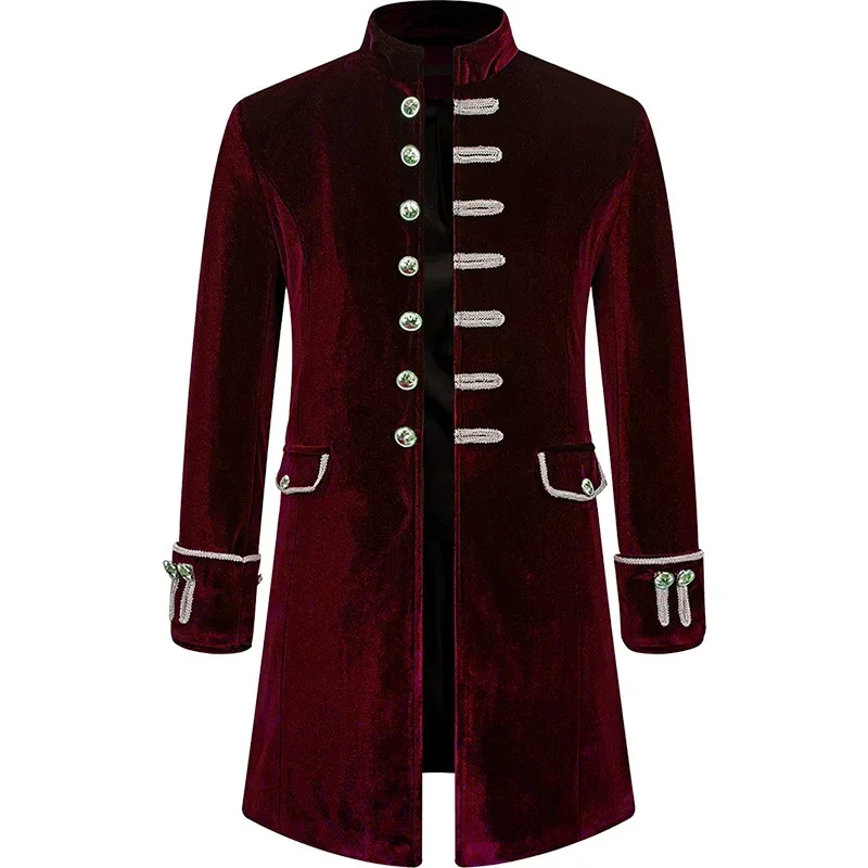 Men Steampunk Gothic Victorian Jacket Vintage Wine Red Velvet Tailcoat Medieval Frock Coat Uniform Party Halloween Costume Homme