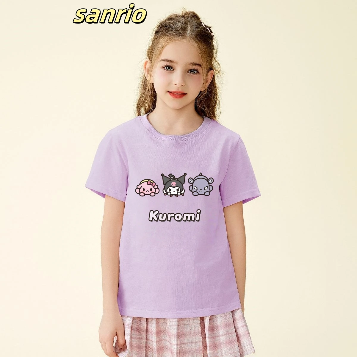 

Sanrion Summer Baby Girls 100% Cotton Clothes Kid Cute Kuromi Printed Short Sleeve T-shirts Children Girls Cartoon Top Outfits