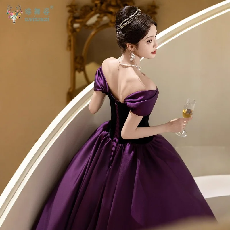 Vestido largo de noche de fiesta para mujer, elegante vestido morado de satén negro con cuello barco y hombros descubiertos, traje de actuación de concierto