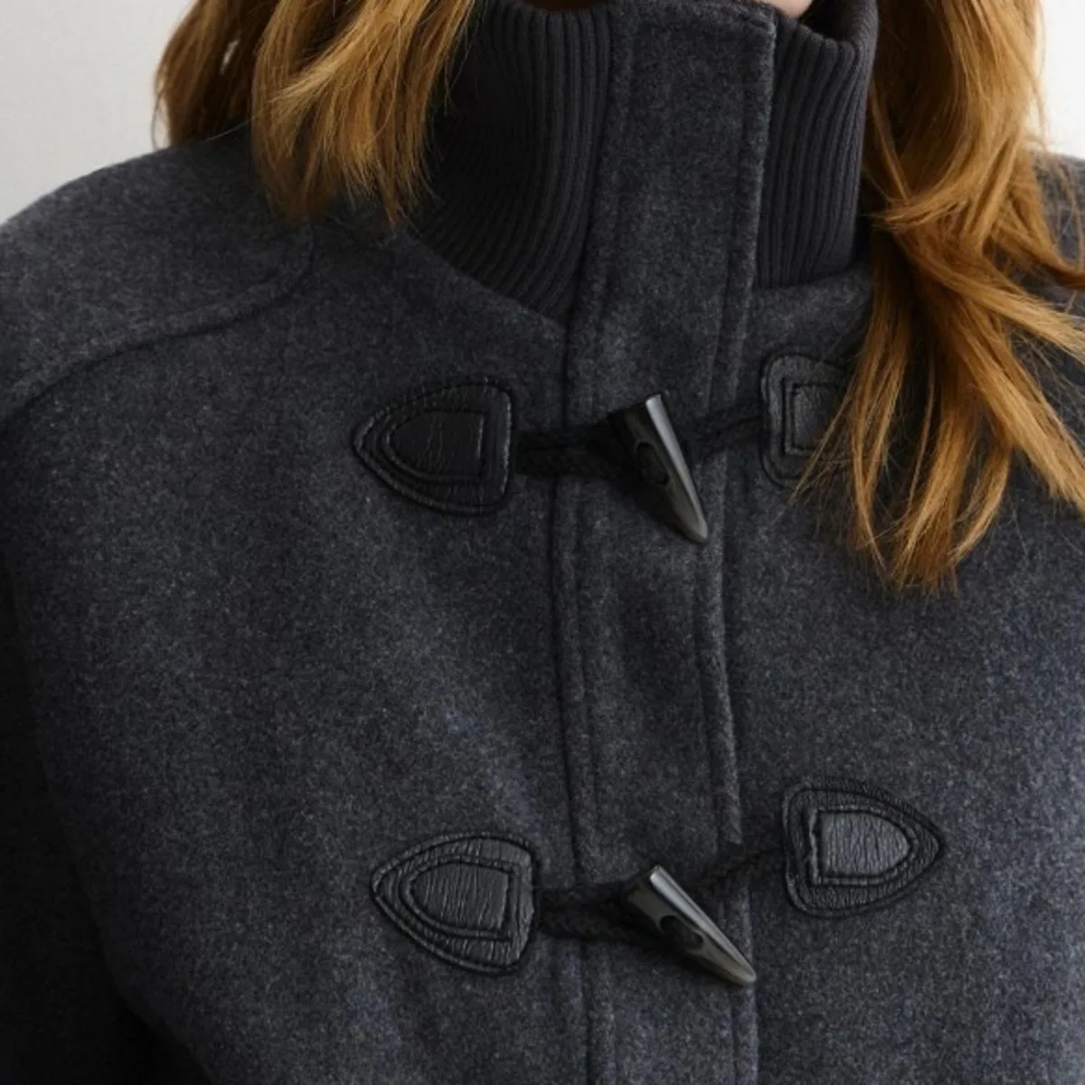 IG Women Grey Ribbed Stand Collar Toggle Duffle Cropped Wool Blend Jacket, Side Pockets Winter Casual Vintage Commute Outerwear
