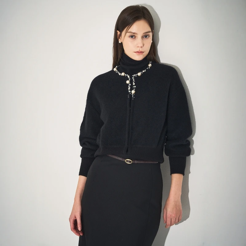 

Korean Sle round Ne ort Knitted Cardigan Soft Woolen Wrap Sweater Ele Pearl Detailing Casual Comfortable Fit