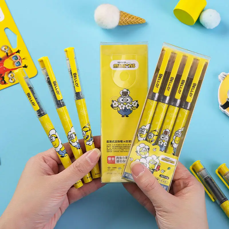 4pcs Minions Ball Pen Despicable Me Cute Cartoon Quick-drying Gel Pen Needle Type Straight Liquid Ballpoint School Stationery