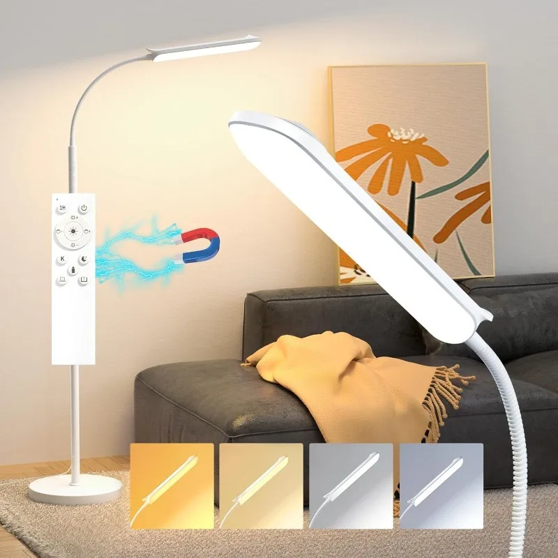 LED Floor Lamp,18W Super Bright, Adjustable Stepless Colors & Brightness Gooseneck，Eye Caring Reading with Remote& Touch Control