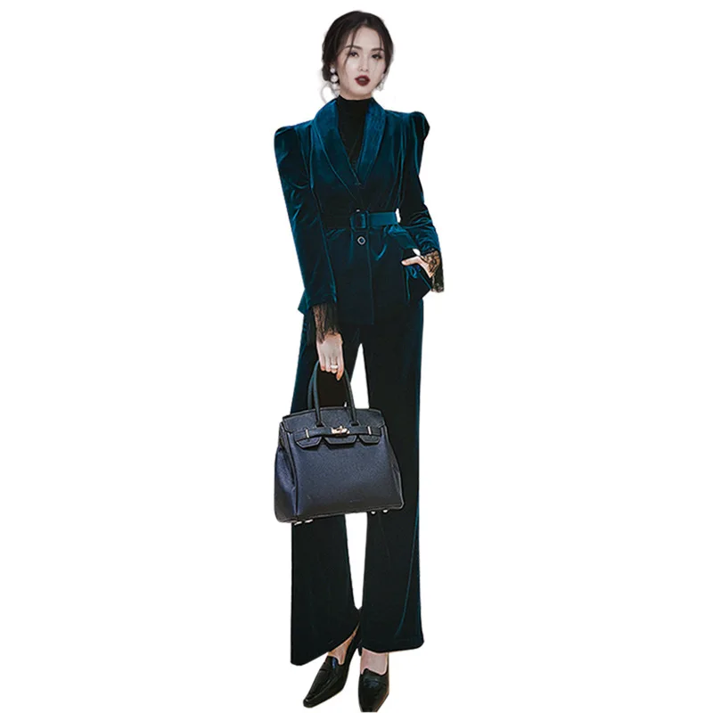 Winter Velvet Women Pants Suits 2 Pieces Slim Fit Lace Long Sleeve Prom Evening Party Wear Blazer