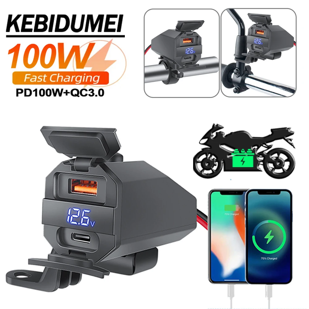 

100W 2 Ways PD+QC3.0 Fast Phone Charger & Emergency Motorcycle 6-12V Lead-Acid/Lithium Battery Charger Waterproof with Voltmeter
