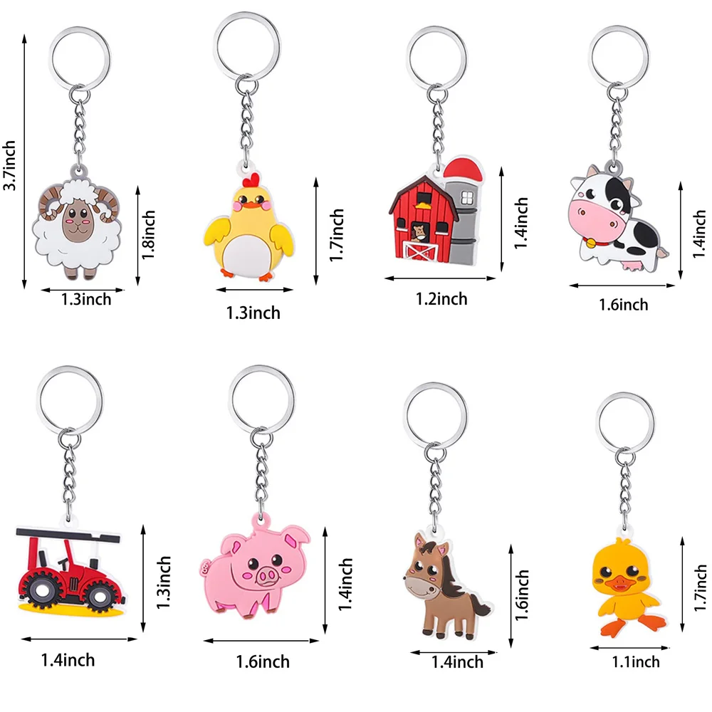 8pcs Farm Party Gift Keychain Zenon Birthday Decorations Cute Cow Animals Key Ring for Barn Theme Baby Shower Supplies