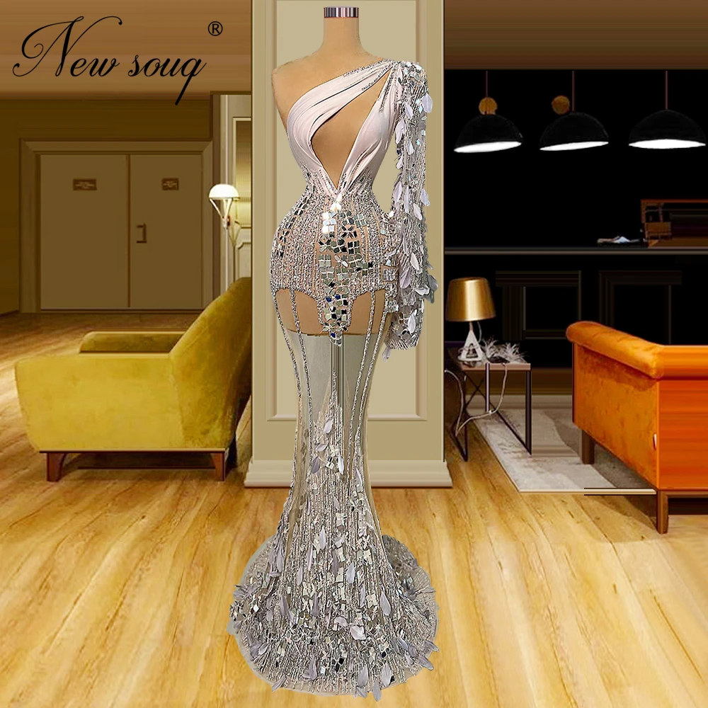 

Luxury Sliver Mermaid Long Evening Dresses One Shoulder Sequins Red Carpet Runway Dress CoutureRobes De Soiree