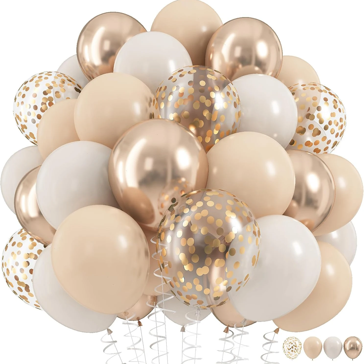 Set de 25 Globos Beige y Dorado Champán - Globos de Látex Retro Crema, Blanco Arena y Confeti Metálico para Decoración de Fiestas