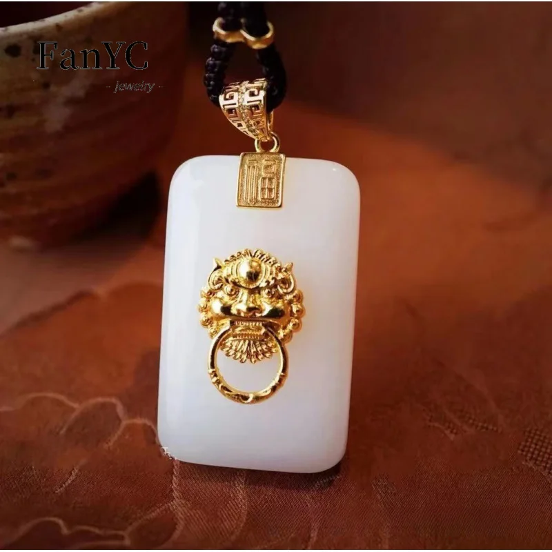 

Natural Gold Wire White Jade Fortune and Longevity Double Peace Brand Pendant Exquisite Fashion Lucky Charms for Men and Women