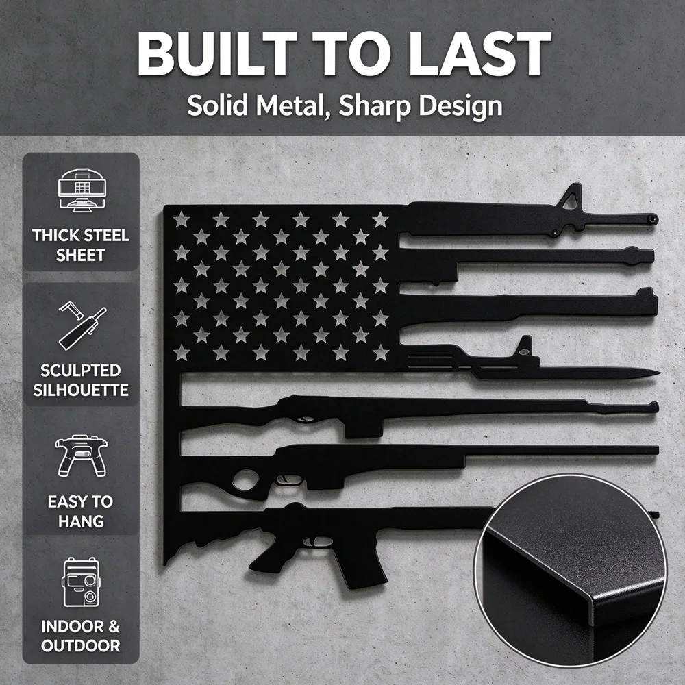 Patriotische amerikanische Flagge mit Gewehr-Silhouette, Metall-Wandkunst, US-Flagge mit Gewehr-Motiv, Metallschild, für die Männerhöhle, die Garage, als Geschenk für Veteranen. – Detail 4