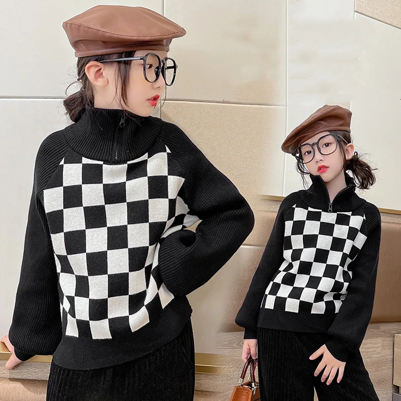 Warm Children's Sweater Cotton turtleneck Sweater School Checkerboard Knitwear Coat Pre teen clothes girls 10 to 12 Kids Sweater