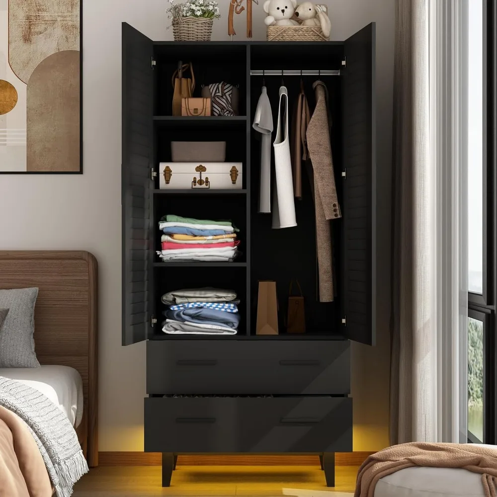 2-дверный шкаф-купе с ящиками и светодиодной подсветкой, многоуровневыми полками, подвесным стержнем и 2 дверцами с жалюзи