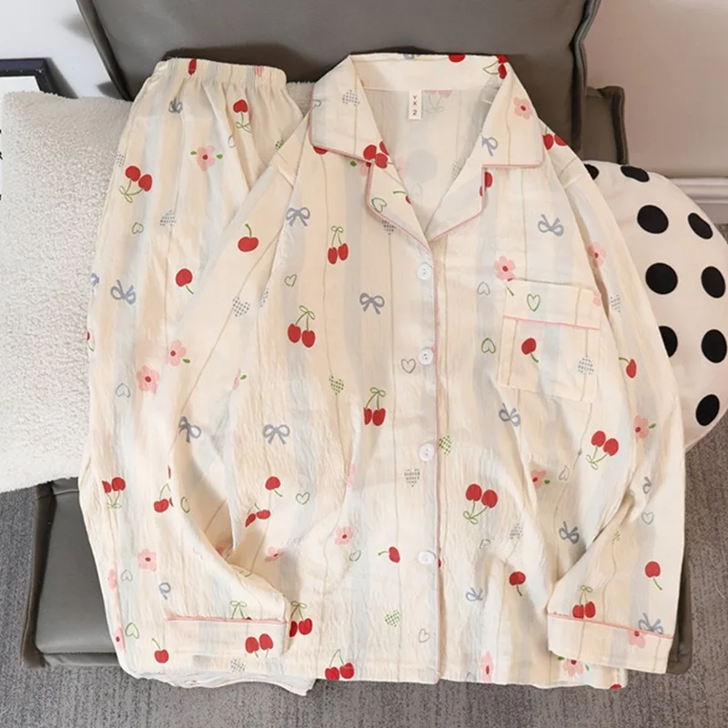 

Женские пижамы больших размеров с длинными рукавами и длинными брюками, кардиган, летняя милая милая ночная рубашка, домашняя одежда, комплект из двух предметов, одежда для сна, домашняя одежда