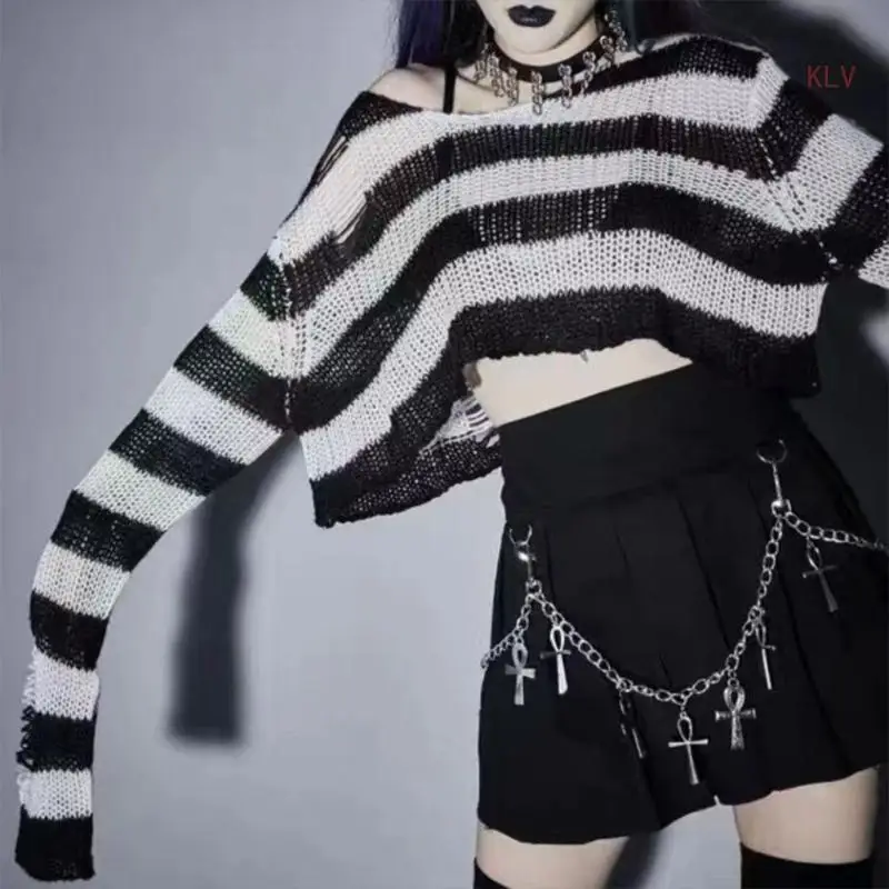 

Women's Casual Long Sleeve Striped Cropped Sweater Gothic Neck Pullover Loose Fit Crop Top