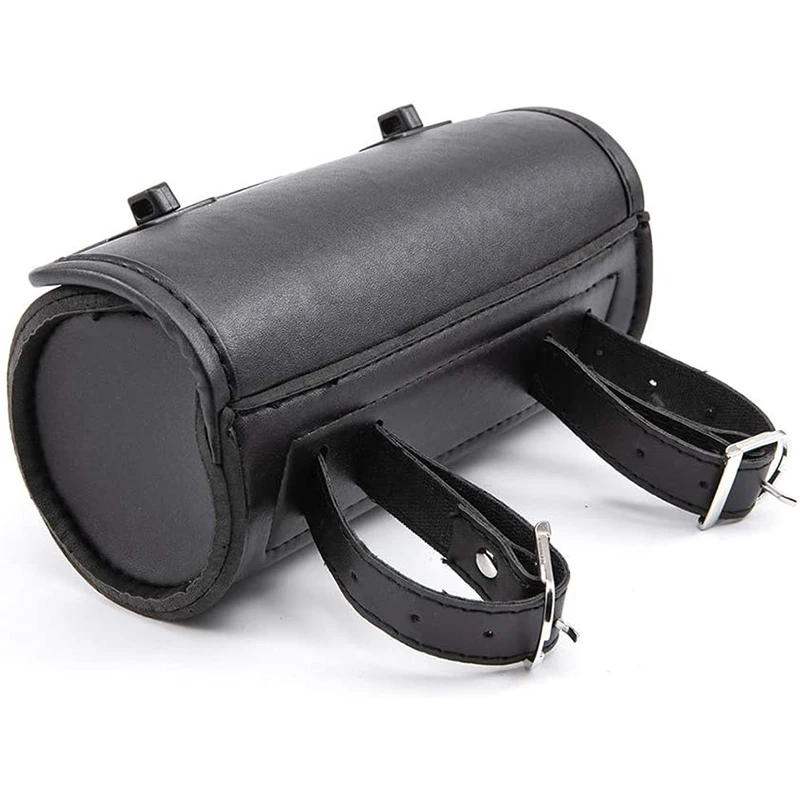 Motorcycle Fork Bag PU Leather Handlebar Tool Pouch Sissy Bar Roll Storage Bag Saddle Bag With 2 Straps, Universal