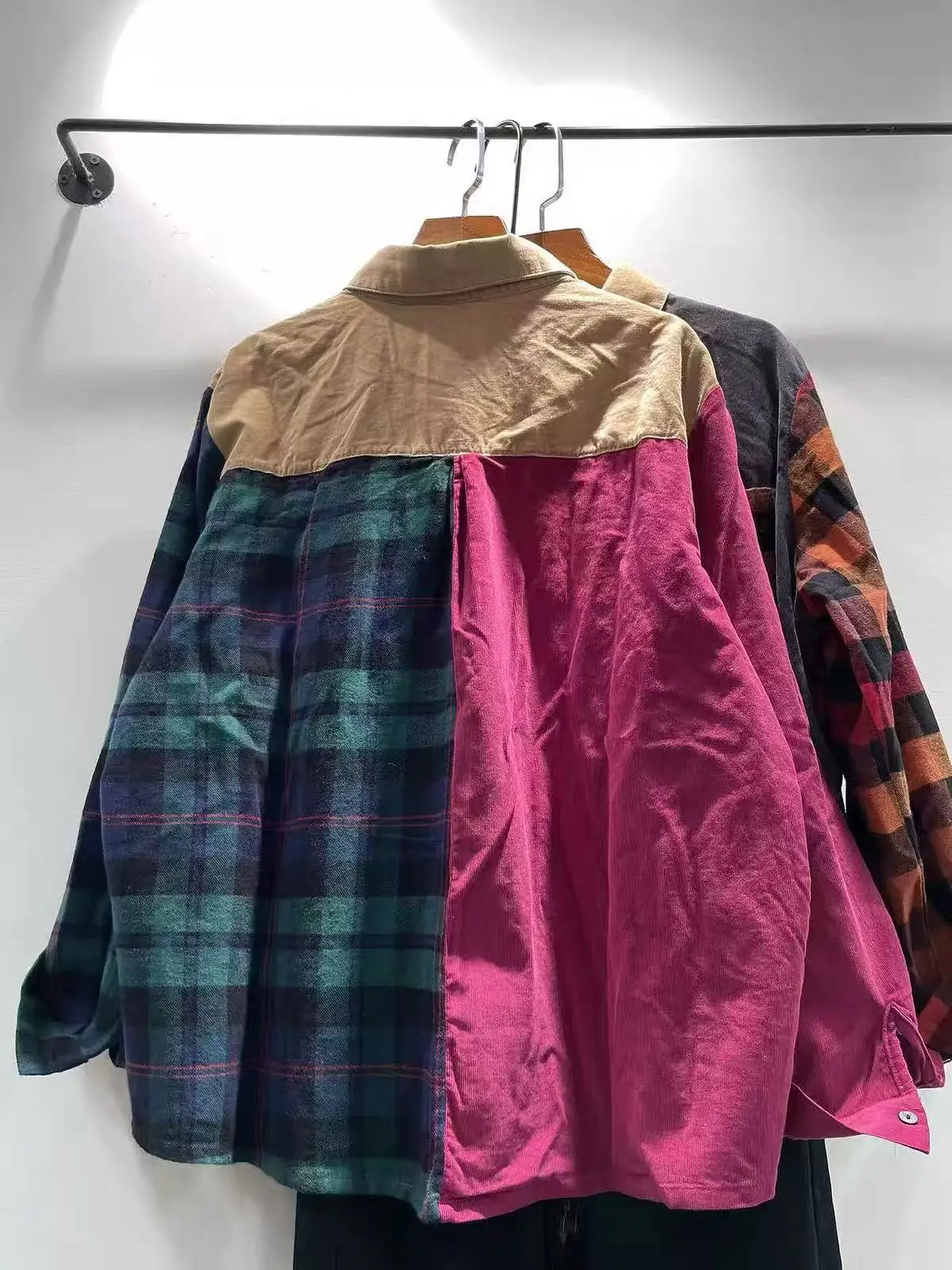 Bust 118cm Vintage Corduroy Shirts for Women Autumn Original Brand Plaid Patchwork Corduroy Blouses Long Sleeve Tops