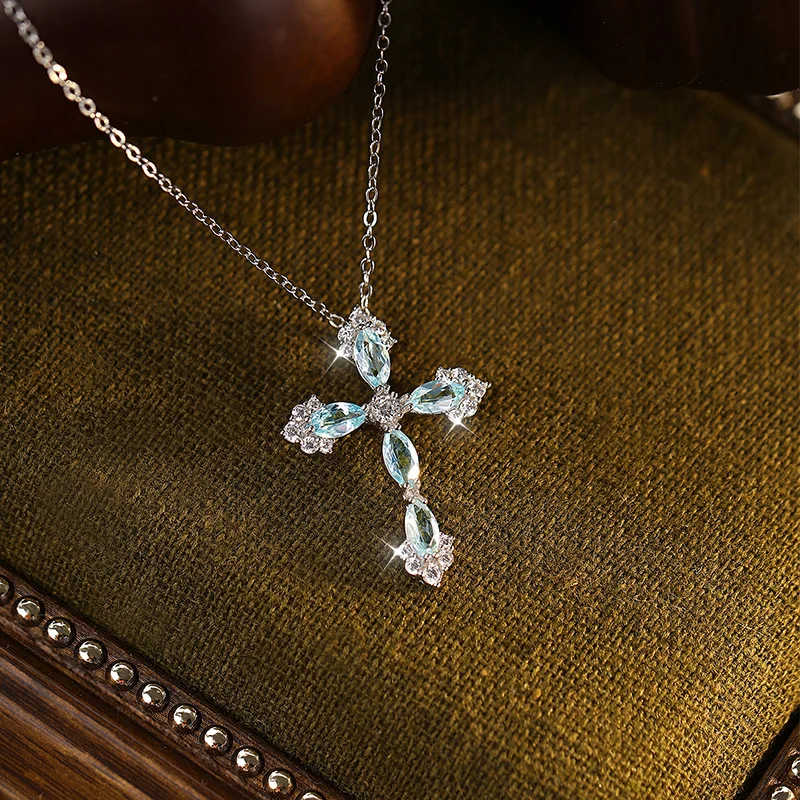 Authentic S925 Sterling Silver Necklace Pendant Cross Shape for Women Topaz Citrine Garnet Amethyst Peridot Jewlery Gift Fine