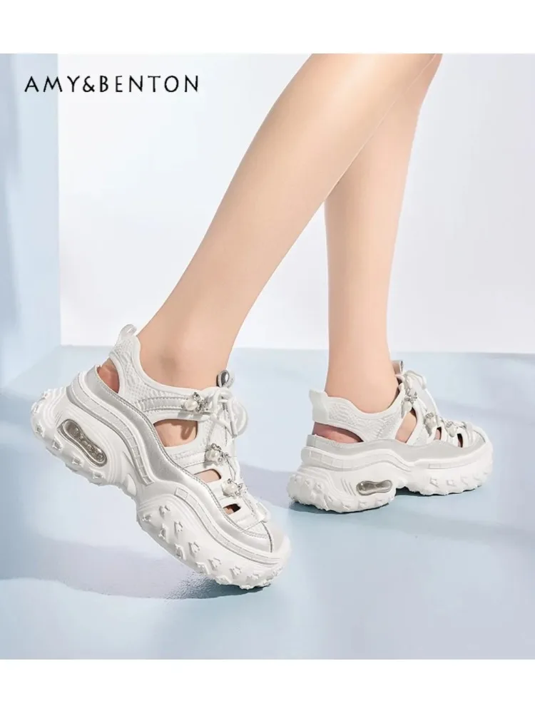 

Women's Comfortable Dad Shoes 2025 Summer New Thick-soled Hollow Mesh Pearl Strap Round Head Casual Sports Sandals