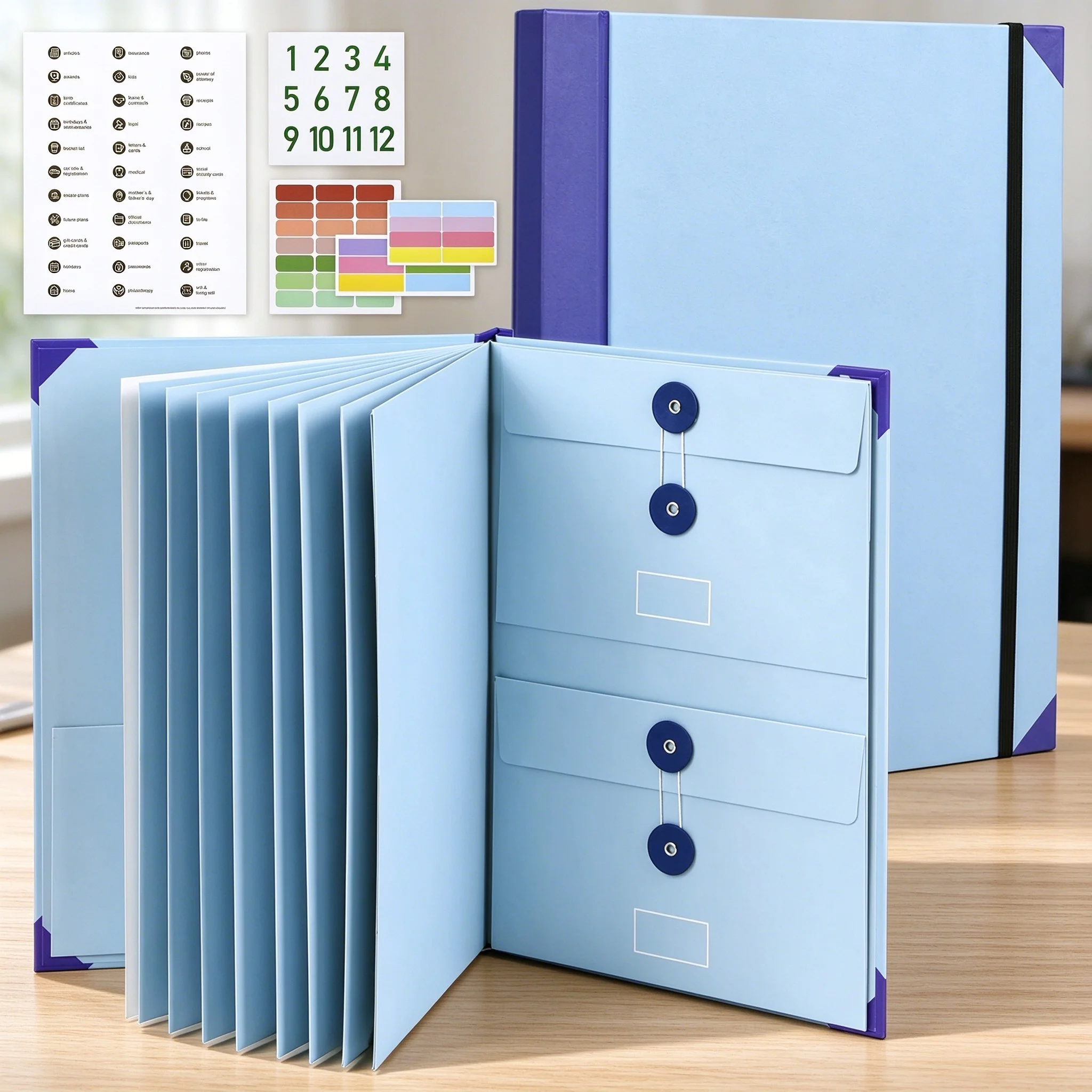 Organisateur de documents essentiel, classeur avec étiquettes pré-imprimées, classeur de fichiers sans acide avec 9 pochettes, porte-documents.