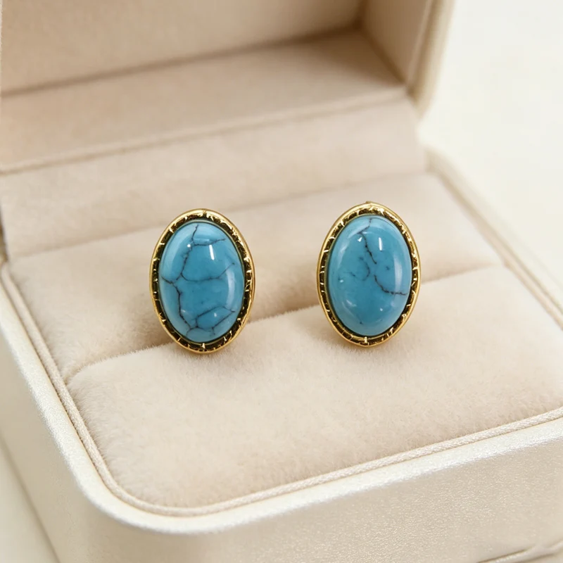 Französische Vintage Ovale Türkis-Ohrclips Edelstahl 18K Vergoldet Ohne Piercing Exquisite Sommer Strand Party Ohrringe Geschenk