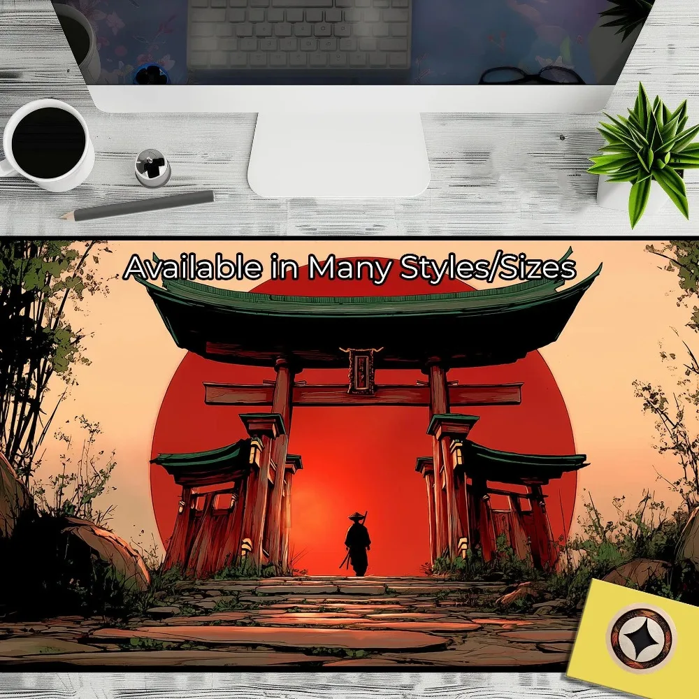 Sunset Torii Samurai Gaming Playmat - Samurai Silhouette and Shrine Gate | XL TCG/Commander Mat desk accessories