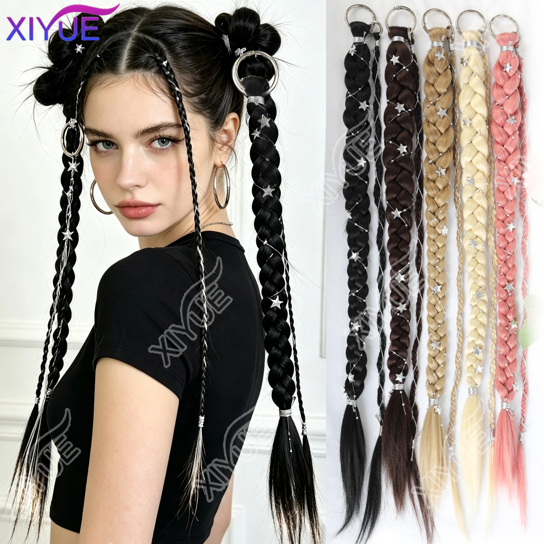 XIYUE Silver Ring Buckle Star Fried Dough Twists Braid Fashion Braided Fine silver wire Ponytail Hair Decorate with pentagrams X