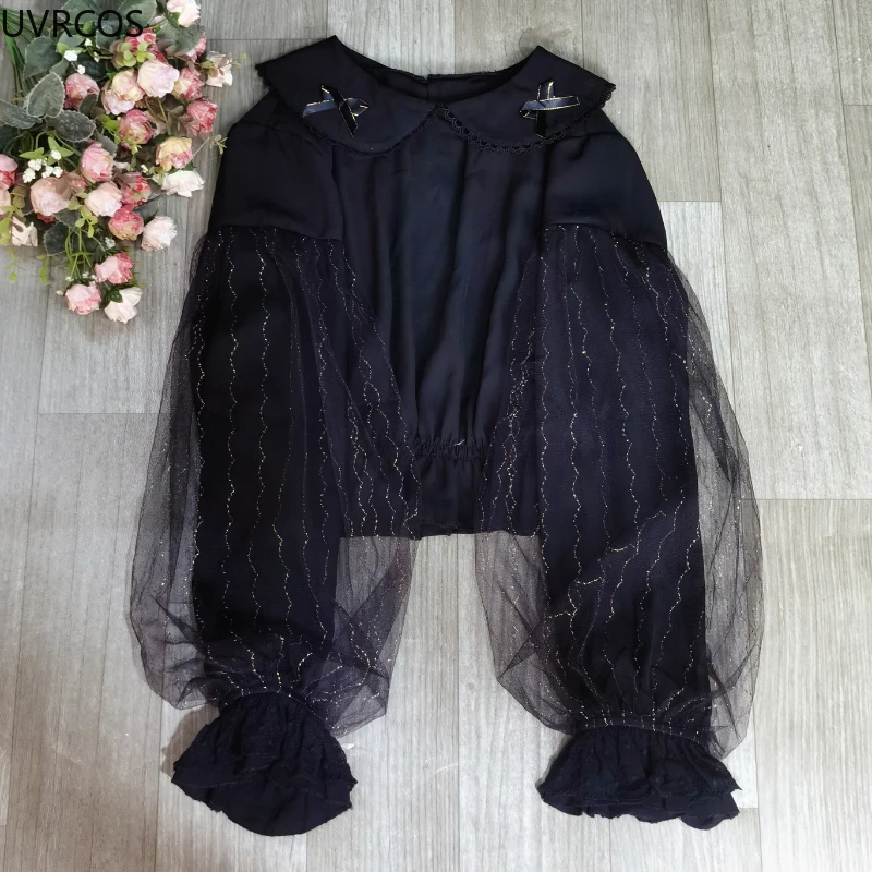 

Sweet Peter Pan Collar Lace Shirts Women Kawaii Lolita Style Blouse Girly Japanese Spring Autumn Mesh Long Sleeve Blouses Tops