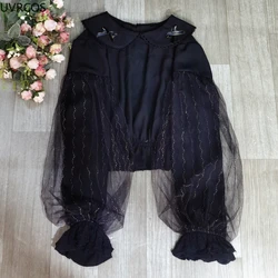 Sweet Peter Pan Collar Lace Shirts Women Kawaii Lolita Style Blouse Girly Japanese Spring Autumn Mesh Long Sleeve Blouses Tops