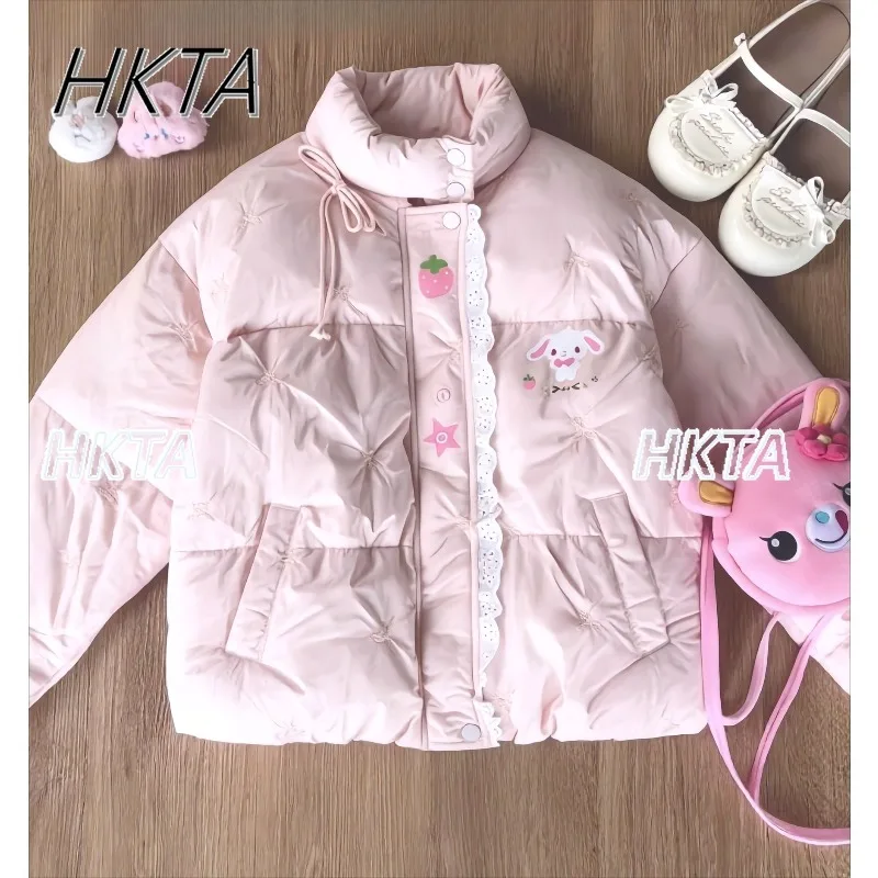 Japanese Cute Cartoon Embroidery Lace Cotton Coat Female Lolita Coats Sweet Kawaii Warm Loose Casaul Parkas Warm Jacket Women