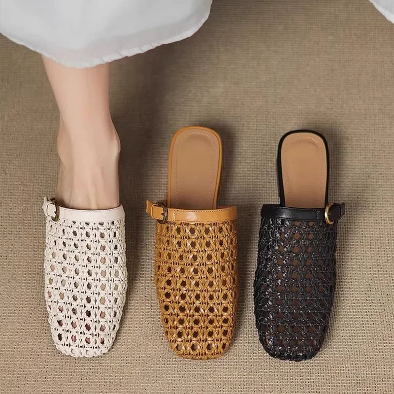

French Retro Fashion Woven Breathable Hollow Women's Slippers Bag Head Half Drag Summer Wear Low-heeled Casual Mesh Muller Shoes