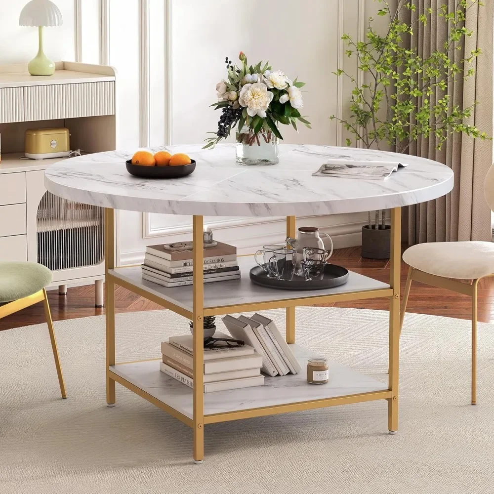 Round Dining Table for 4-6 People for Kitchen & Dining Room, Restaurant，47.24 Inch  with Storage Shelf, Wooden Faux Marble