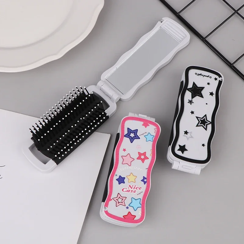 Mini Hair Brush Folding Massage Comb Head Massage Anti-Static Portable Travel Hair Brush Girl Hair Combs With Mirror