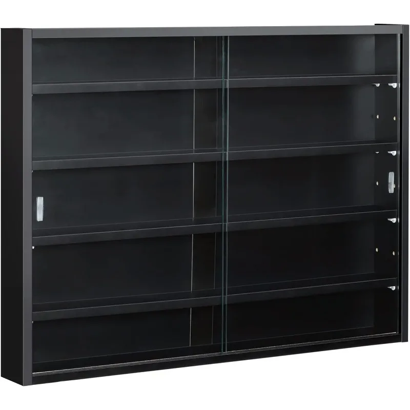 5-Tier Display Cabinet, Glass Door Cabinet With Adjustable Shelves, Wall-Mounted Display Case For Playroom, Bedroom, Black
