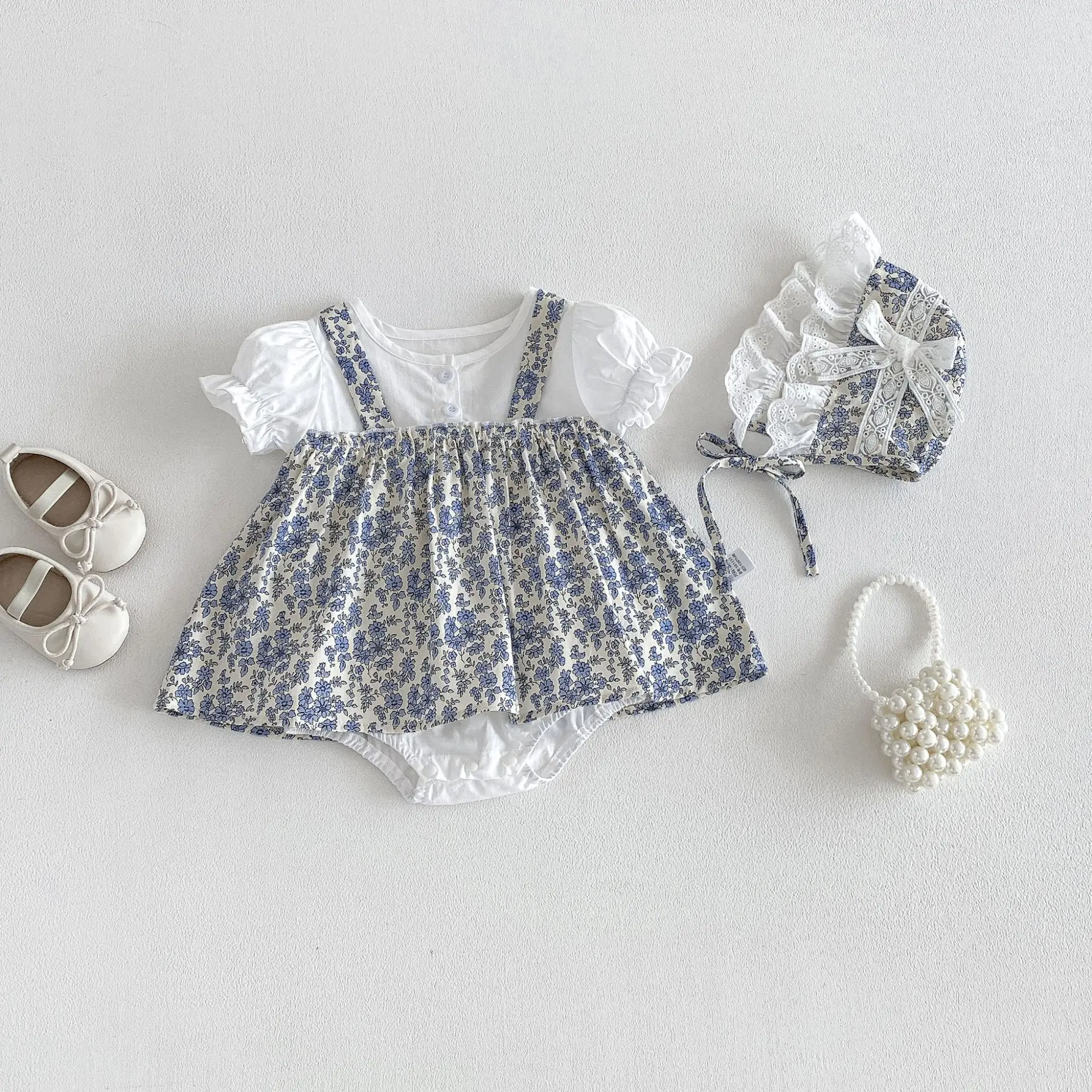 2026 Summer New Baby Girl Sweet Floral Splicing Bodysuit Dress + Hat Infant Cute Princess Jumpsuit Cotton Newborn Clothes 0-24M
