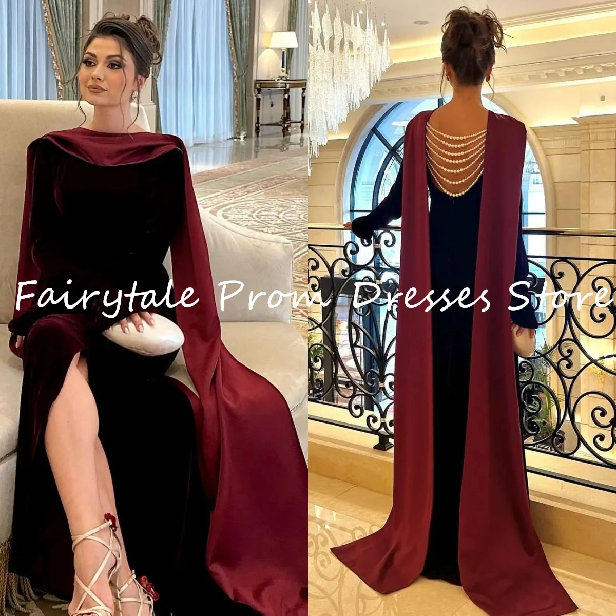 

Fairytale Saudi Arabia Luxury Evening Dresses Long Sleeves Beads Pearls Sexy Formal Women Prom Dress Trumpet Wedding Party Gowns