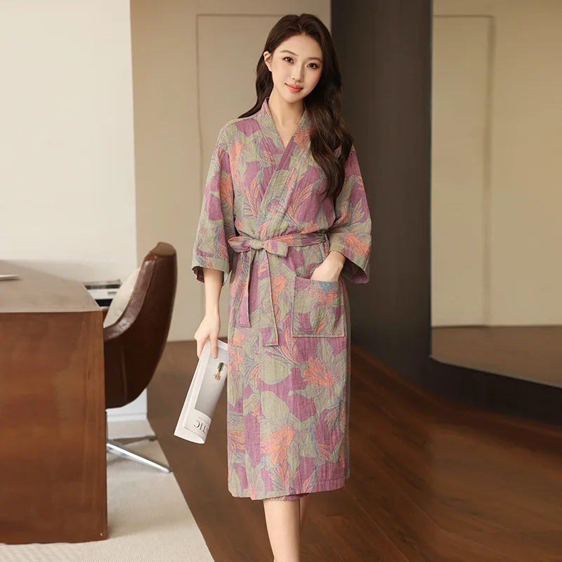Print Flower Cotton Gauze Kimono Bathrobe Gown Female Robe Negligee Loose Home Dressing Gown Sleepwear Spring Summer Nightwear