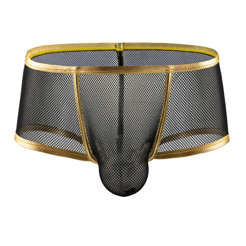 بقماش شفاف بوكسي الملابس الداخلية للرجال مثير U محدب الحقيبة الذهب تقليم اللون منعت السروال مثليون جنسيا المثيرة الشفافية سراويل بوكسر #5