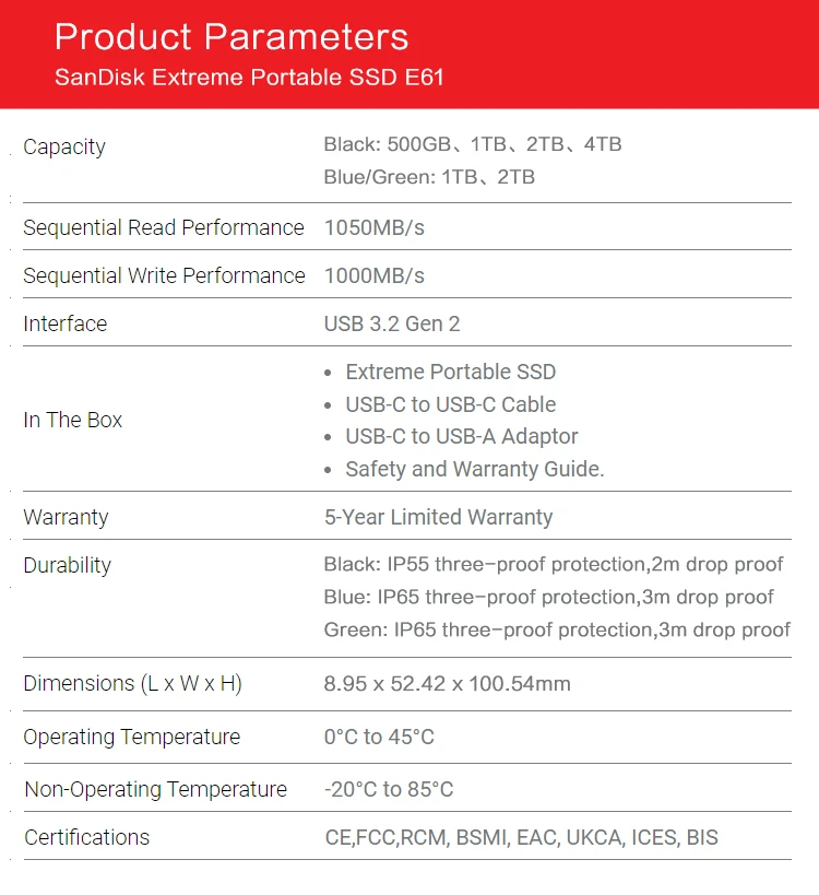 SanDisk Extreme Portable SSD E61 USB 3.2 Gen2 Solid-State-Laufwerk Bis zu 1050MB/s 500GB 1TB 2TB 4TB Externe SSD IP65 Für PC Mac – Detail 7