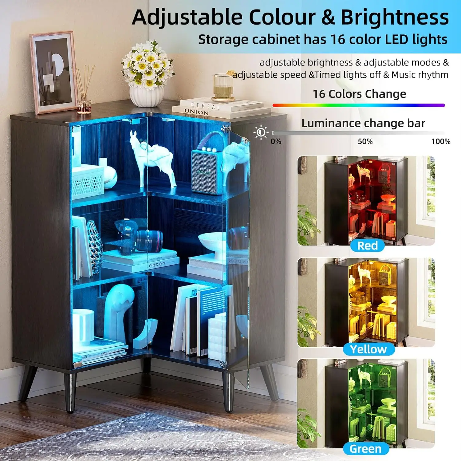 Display Case w/ Tempered Glass Doors,3-Tier Corner Curio Cabinet w/ LED Lights for Collectibles,Display Cabinet w/ 6 Adjustable