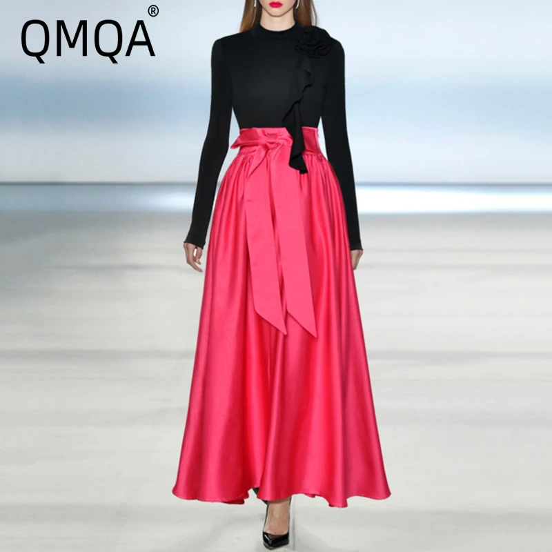 

QMQA Fashion Women's Elegant 2 Piece Set 3D Floral Stand Up Collar Ruffled Long Sleeved Spliced Bow Base Top Skirts Sets 1A944