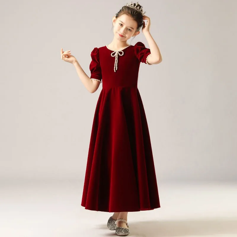 

2025 Children's Wine-red Puffed-sleeve Girls' Dress Piano Art Examination Performance Orchestral and Vocal Performance Dress
