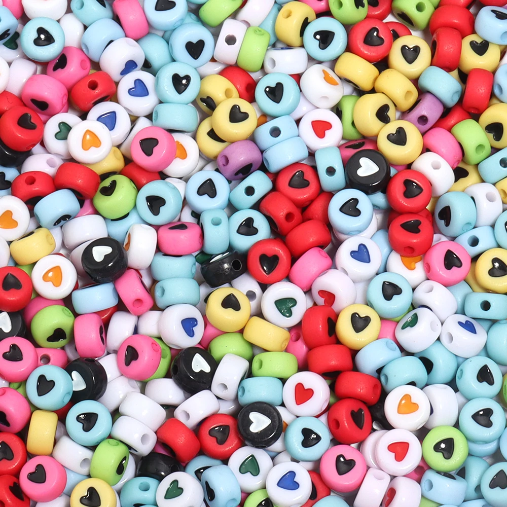 100 Stück 7 mm Herz-Acrylperlen, bunt, flach, rund, lose Abstandsperlen für Schmuckherstellung, DIY-Handwerk, Armband, Halskette, Zubehör