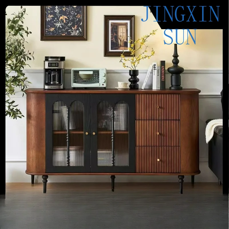 French retro solid wood dining side cabinet, color matching medium and antique design