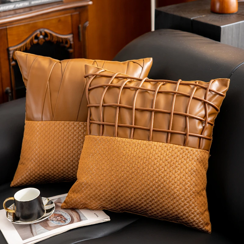 45X45CM Modern Orange Throw Pillow Cover Plaid Leather Stamping Waist Cushion Cover Decor Home Decorative Pillowcase