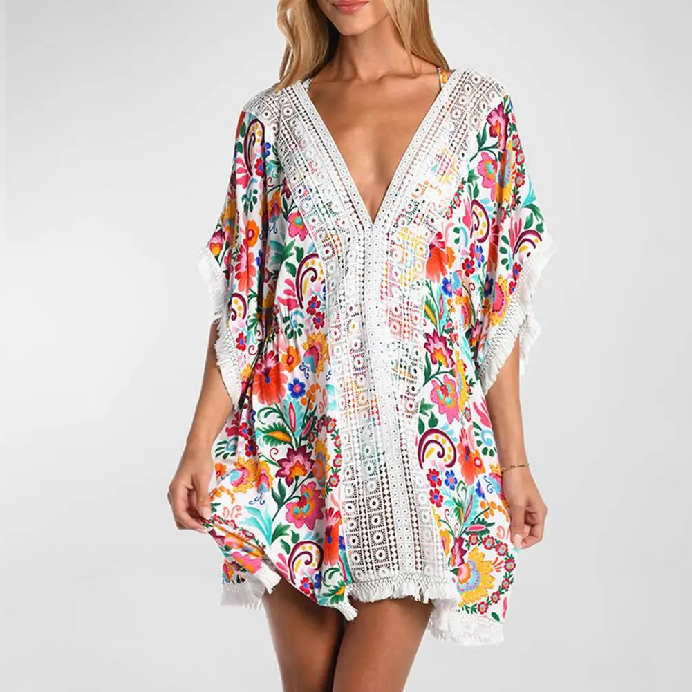 

Breathable Beach Cover-up Women Swim Cover-up Colorful Flower Print Lace Bat Sleeves Tassel Sun Protection Anti-uv for Women