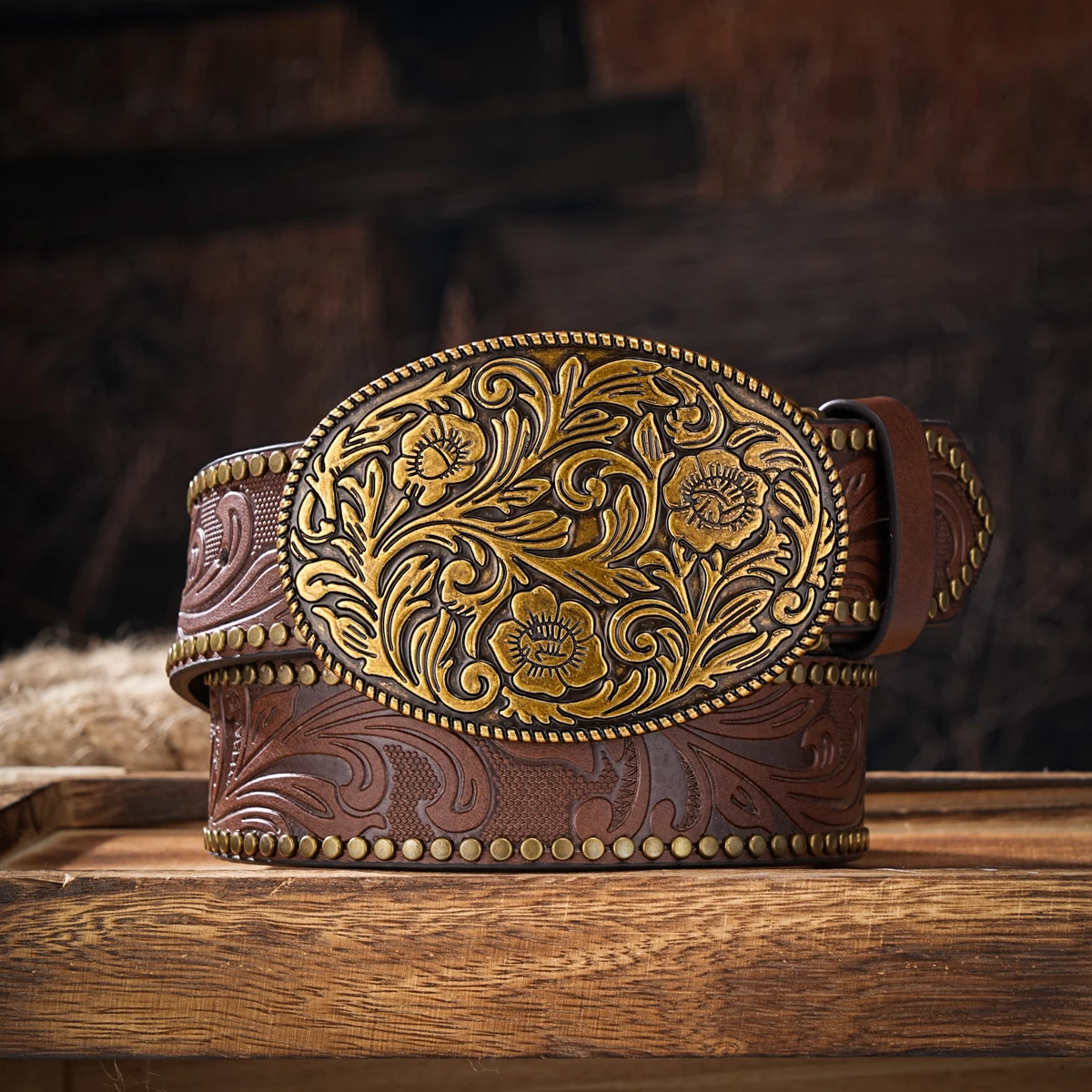 Men & Women-Western-Cowboy-PU Leather-Belts - Vintage horse Belt Floral Engraved Buckle Belt for Jeans